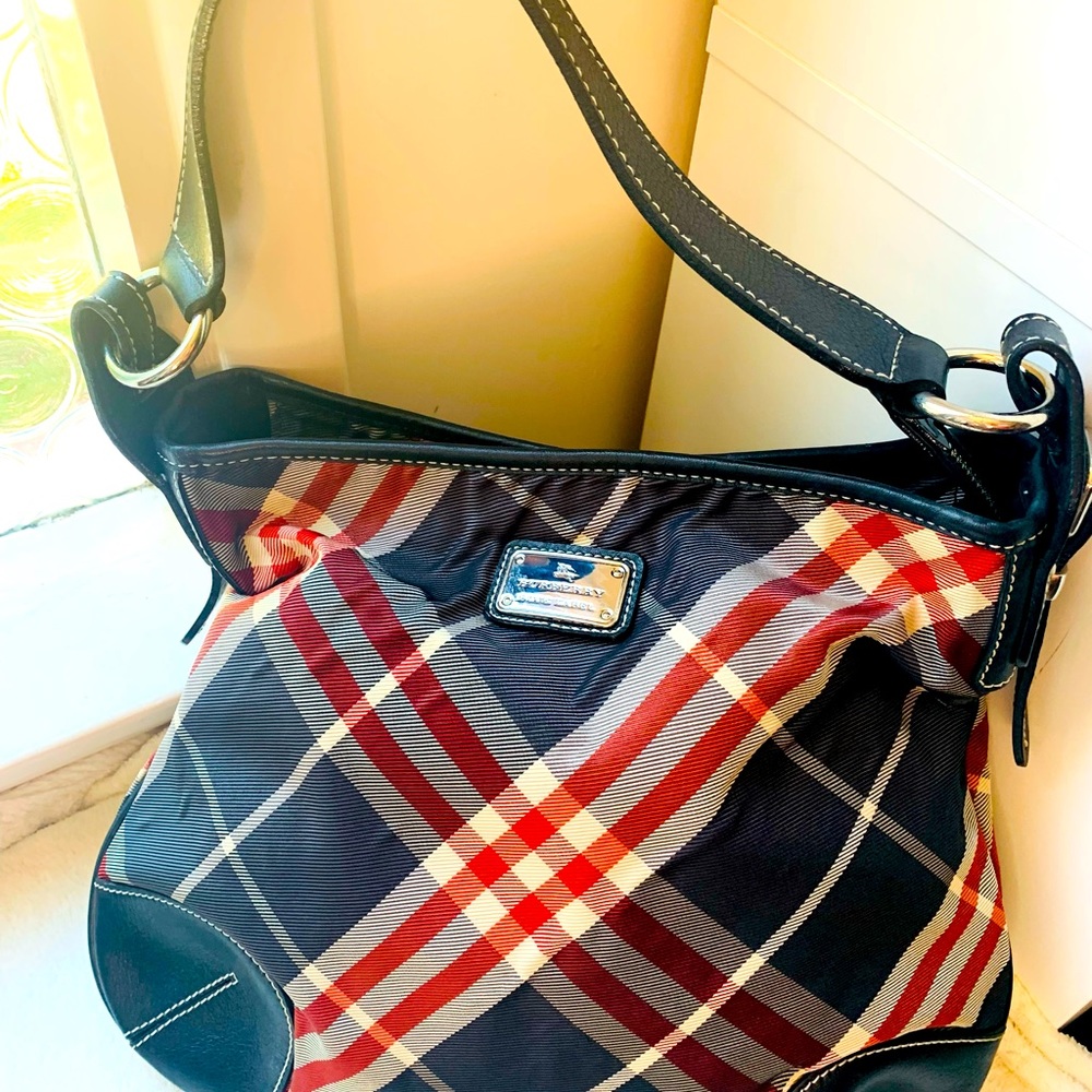 Authentic Burberry blue label canvas and black leather handbag